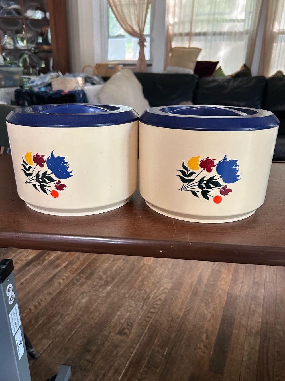 Vintage Sterilite set of two stackable canisters with blue tops, floral pattern